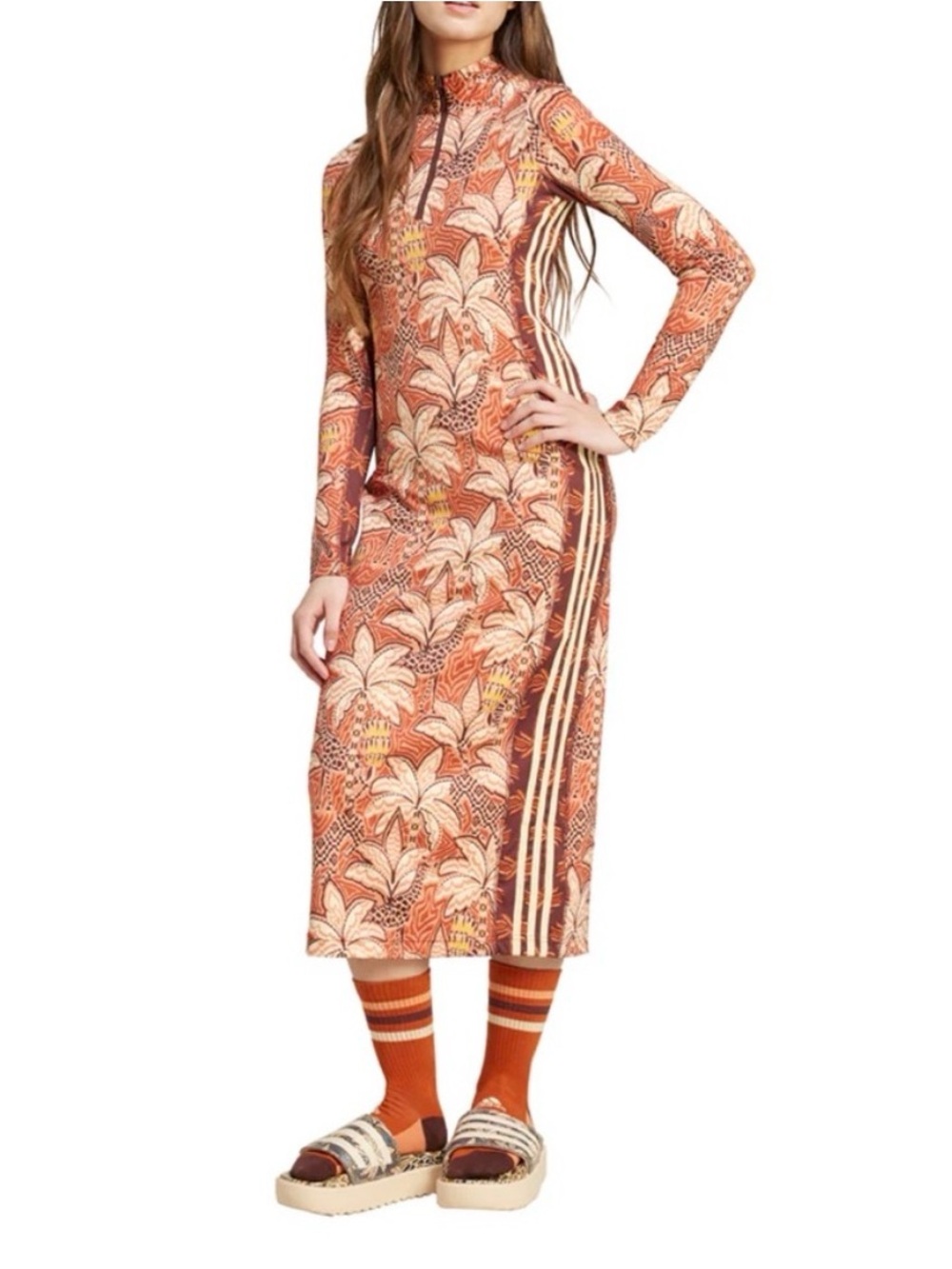 adidas Long Sleeve Floral-Print Midi Dress in Rust and Cream